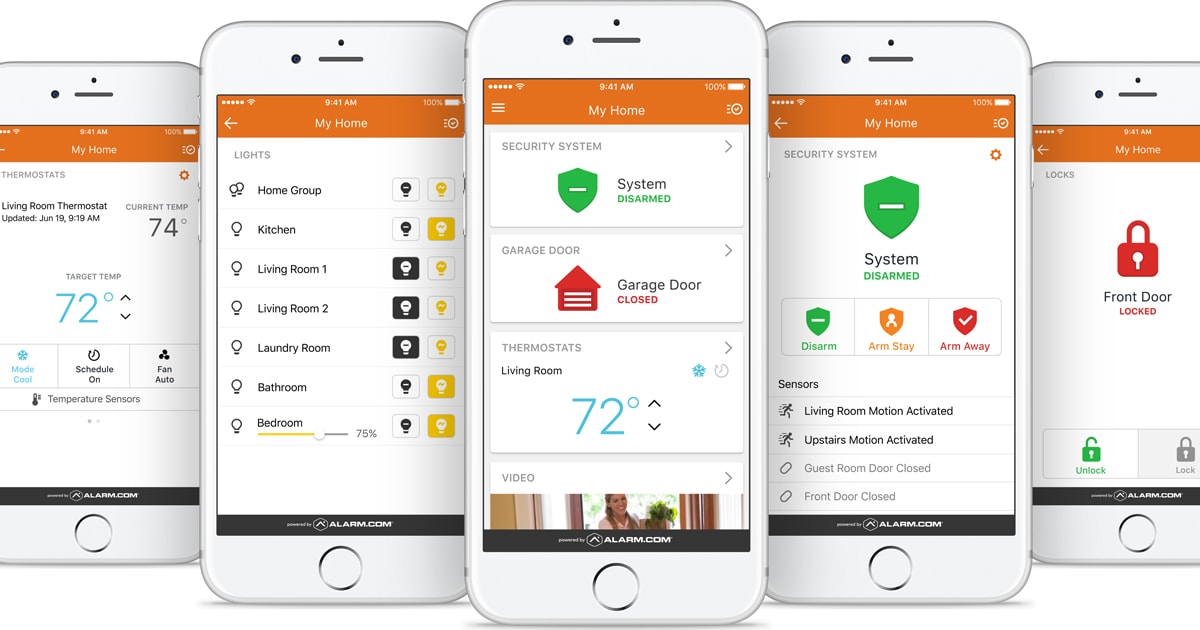 Example Alarm.com smartphone screens showing security, lights, thermostat and lock controls